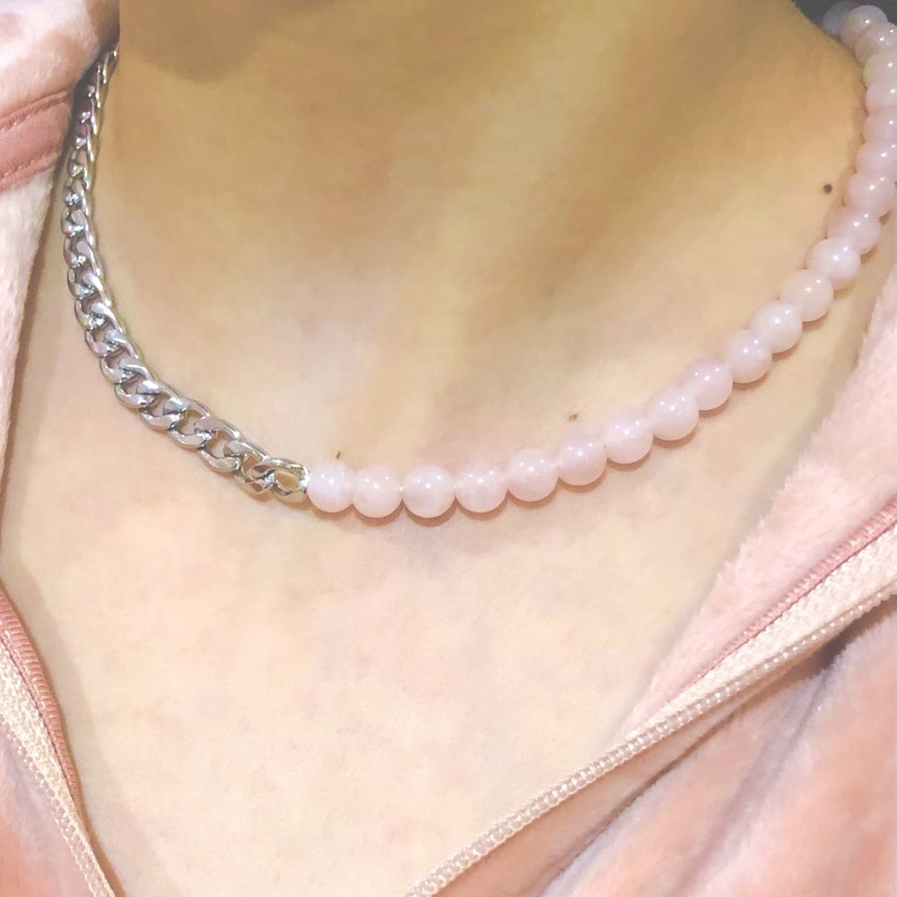 Half Rose Quartz stone half chain contemporary Necklace